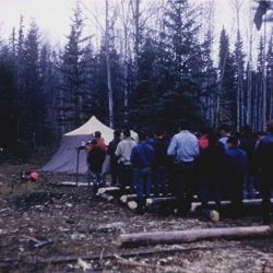 Photographs of archery, camping, and buildings at the Lejac Indian Residential School
