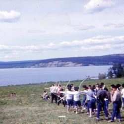 Photographs of archery, camping, and buildings at the Lejac Indian Residential School