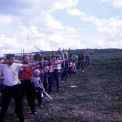Photographs of archery, camping, and buildings at the Lejac Indian Residential School