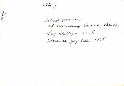 Photograph of Roy Phillips, Florence Joy Betts and others at a school picnic at Harmony Beach