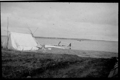 Photograph of a camp site by the water at Albany River