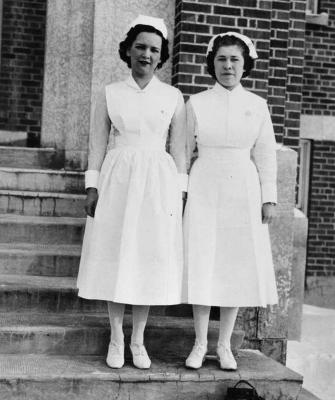 Photograph of Nellie Oke and Agnes Jobson in nursing staff uniforms