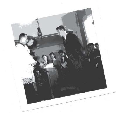 Photographs of students and a church service