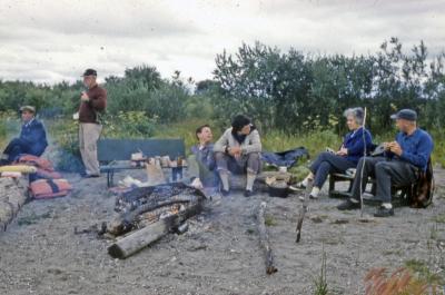 Photographs of a boat ride and picnics in Moose Factory