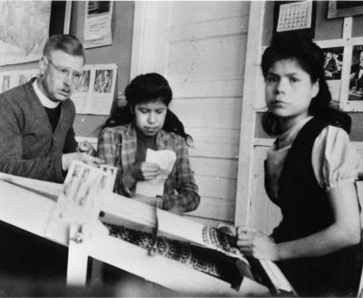 Photograph of Rev. Charles Kehler, Elise Owl, and Evelyn Bennett at the Spanish River mission