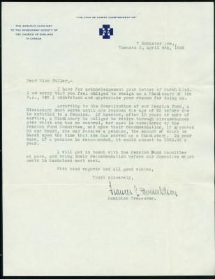 A letter to Miss Fuller from the dominion treasurer of the woman's auxilary to the missionary society of the Church of England in Canada
