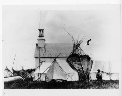 Photograph of a church and tents at Fort Albany