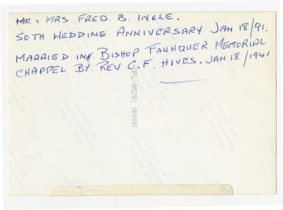 Photograph of Fred and Ruth Ingle celebrating their 50th wedding anniversary