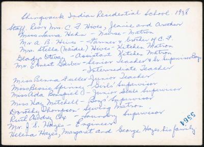 Photograph of Shingwauk Indian Residential School, staff list