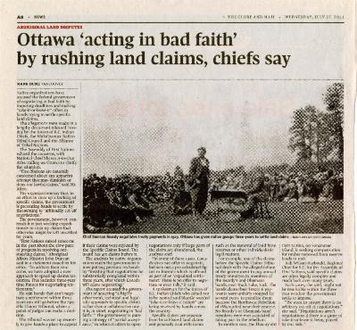 Ottawa acting in bad faith by rushing land claims