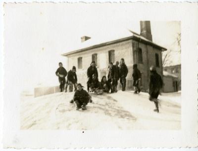 Photographs of students sliding in winter and girls in winter