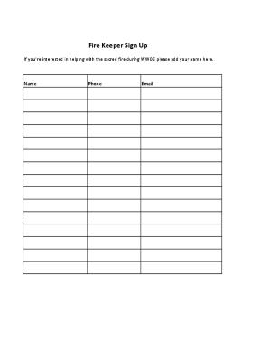Volunteer task list and fire keeper sign up sheet