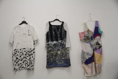 Photographs of Roxanne Martin's individual works, textiles