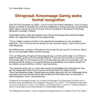 Shingwauk Kinoomaage Gamig seeks formal recognition