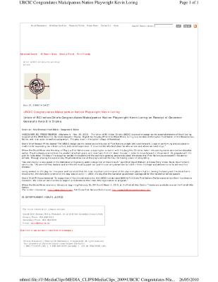 UBCIC congratulates Nlaka'pamux Nation playwright Kevin Loring