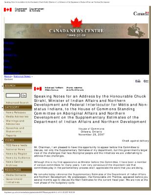 Speaking notes of Minister of Indian Affairs Chuck Strahl's address to the house of commons